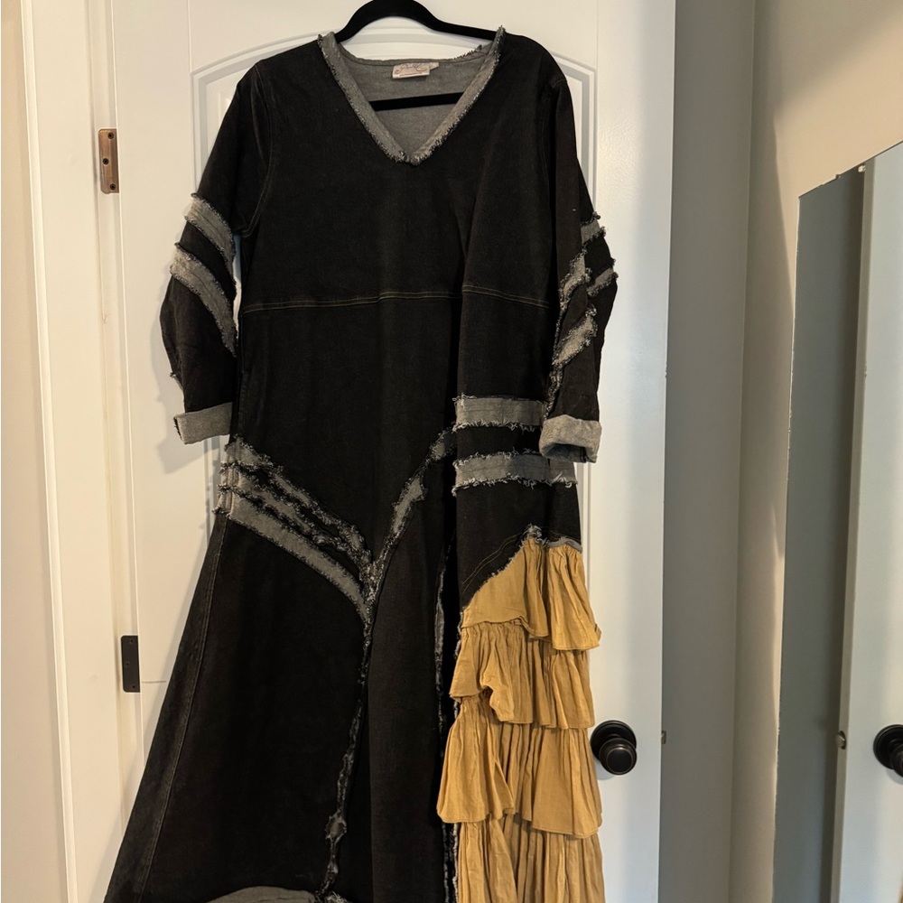 Women's Black Long Sleeve Ruffle-Hem Maxi Dress with Mustard Accent